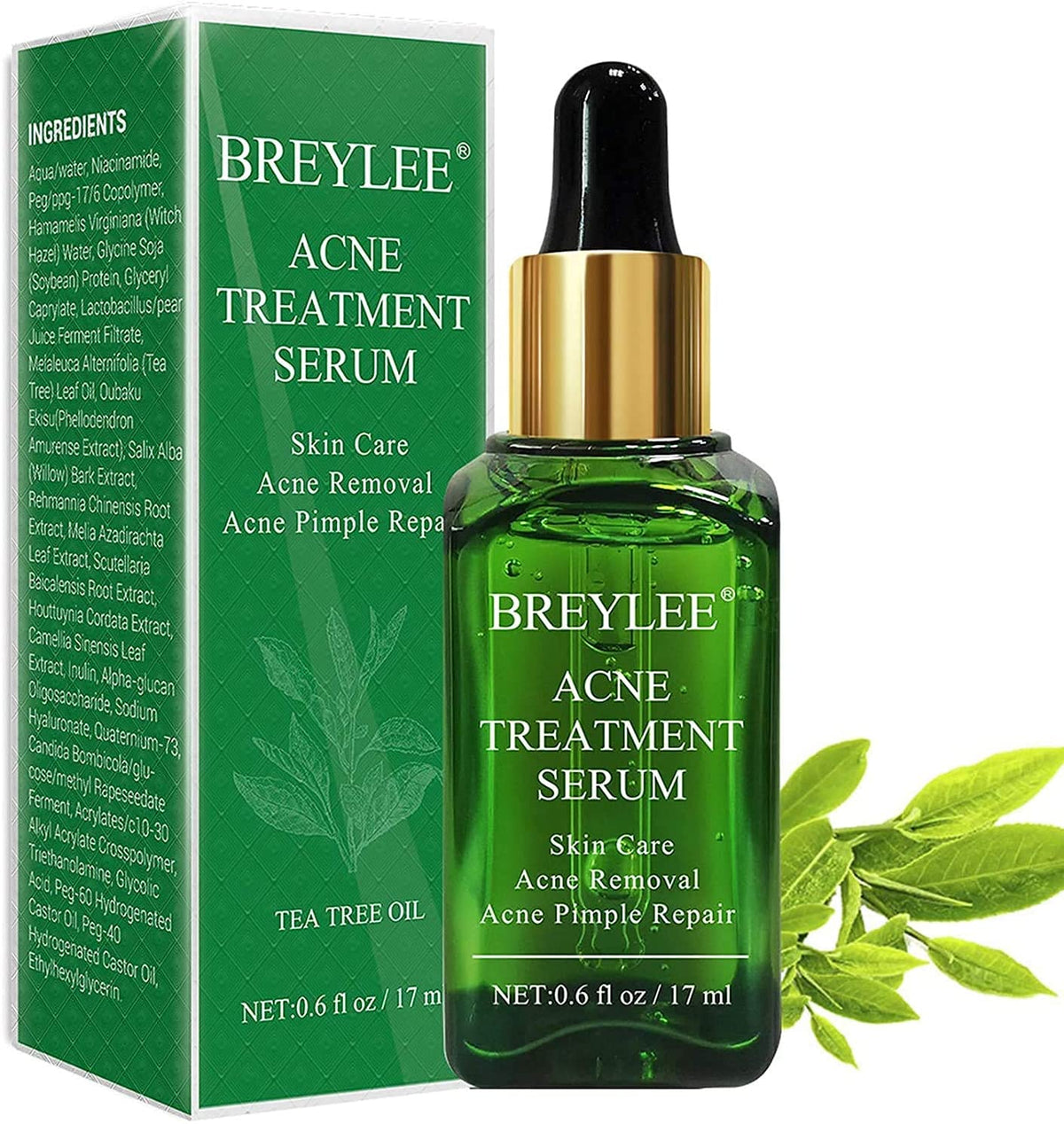 BREYLEE Tea Tree Acne Serum bottle demonstrates fast absorption for calmer, clearer skin.