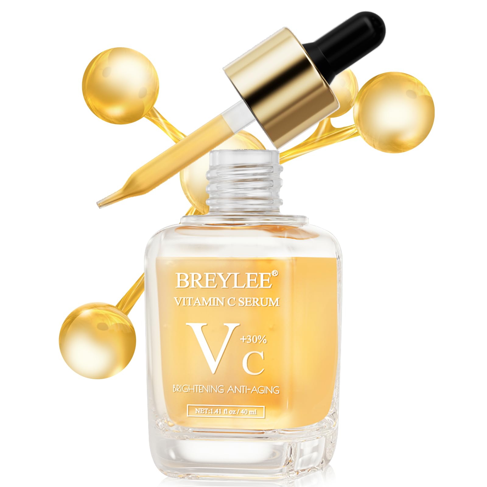 BREYLEE Vitamin C Serum close-up reveals glow and even-toned skin potential.