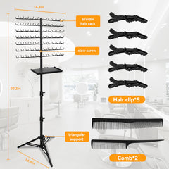 BRIAN & DANY adjustable-height braiding rack in-use height range for comfortable styling.