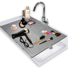 BRIAN & DANY makeup mat sink cover demonstrates space saving in a compact bathroom
