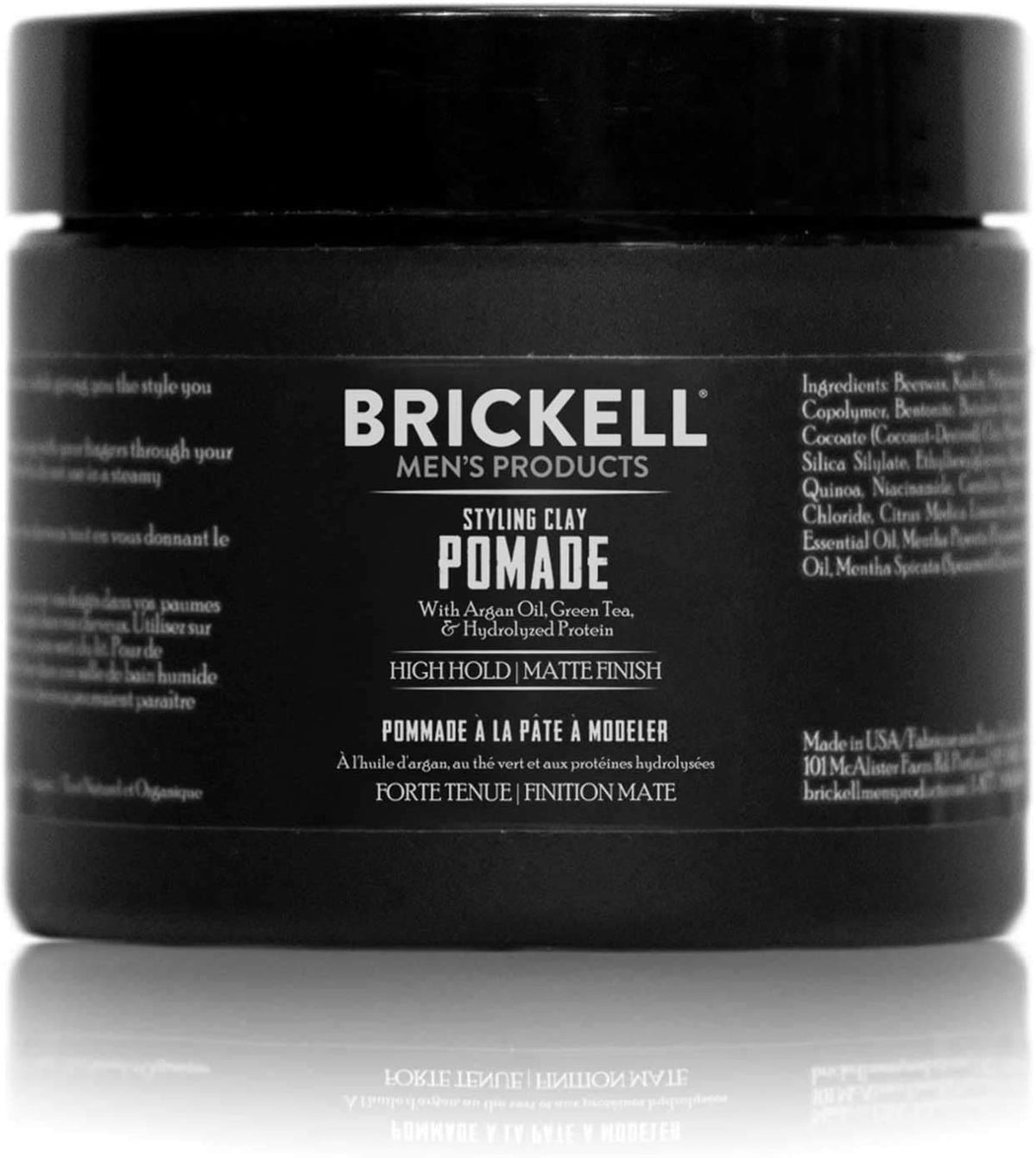 Brickell Hair Styling Clay Pomade jar open displays natural hold for men