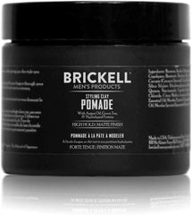 Brickell Hair Styling Clay Pomade jar open displays natural hold for men