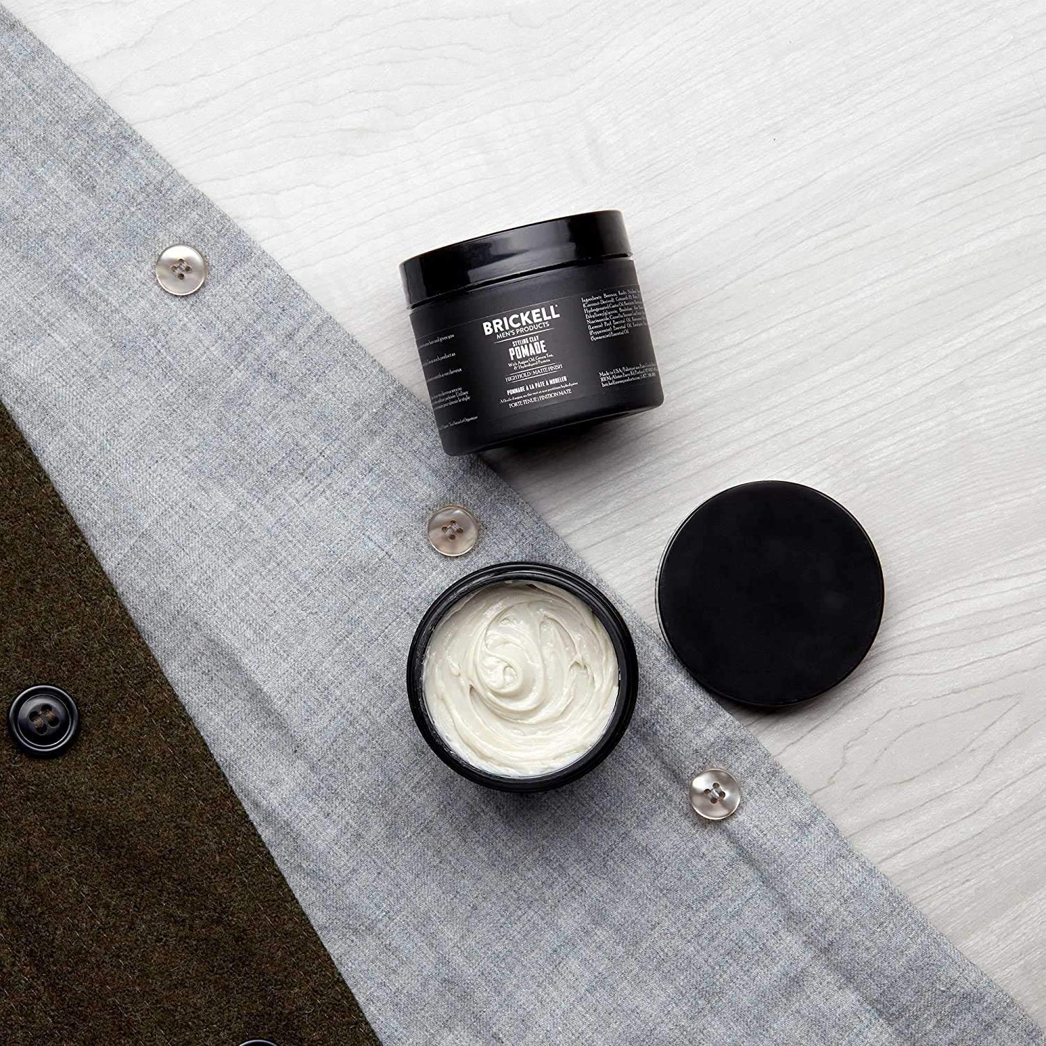 Brickell Hair Styling Clay Pomade matte-finish-closeup highlights texture and a clean look