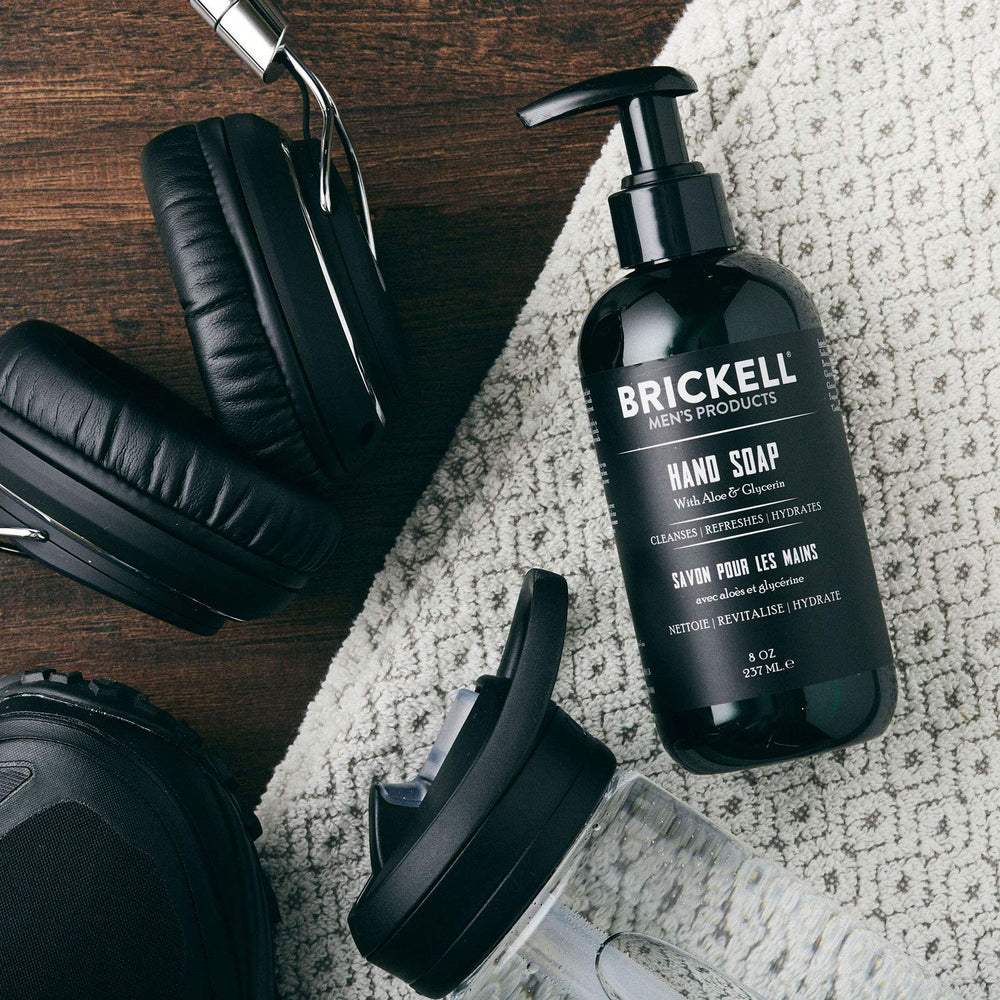 Brickell Hand Soap lather image highlighting moisturizing feel and dirt removal.