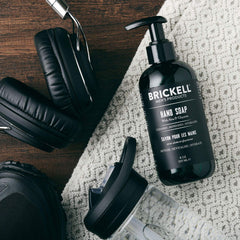 Brickell Hand Soap lather image highlighting moisturizing feel and dirt removal.