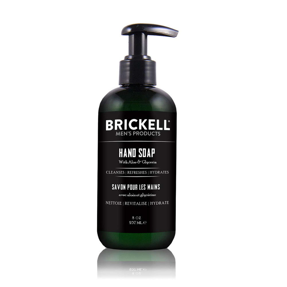 Brickell Hand Soap pump pour shows cedarwood rain scent for daily hand care.