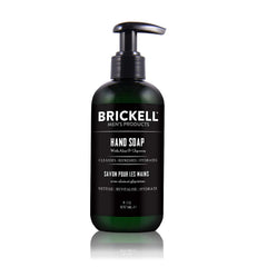 Brickell Hand Soap pump pour shows cedarwood rain scent for daily hand care.