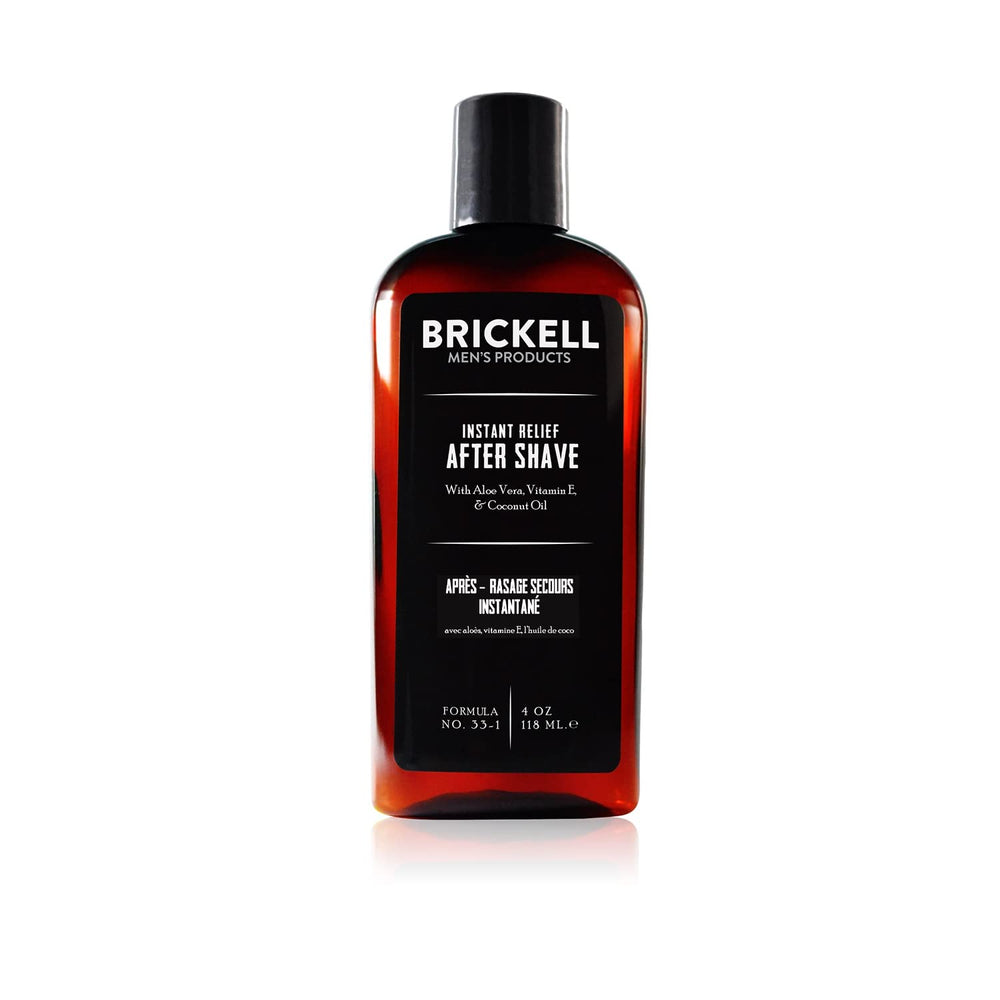 Brickell Instant Relief Aftershave bottle natural ingredients delivering soothing post-shave comfort