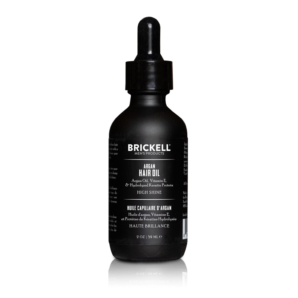 Brickell Men's Argan Oil bottle emphasizes natural hydration for healthier hair