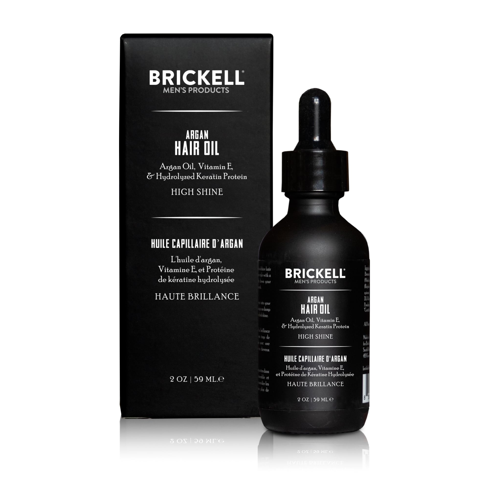 Close-up of Brickell Argan Oil ingredients: argan oil, vitamin E, and keratin protein