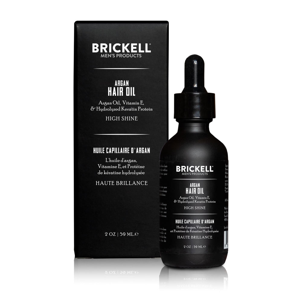 Close-up of Brickell Argan Oil ingredients: argan oil, vitamin E, and keratin protein