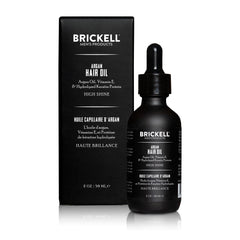 Close-up of Brickell Argan Oil ingredients: argan oil, vitamin E, and keratin protein