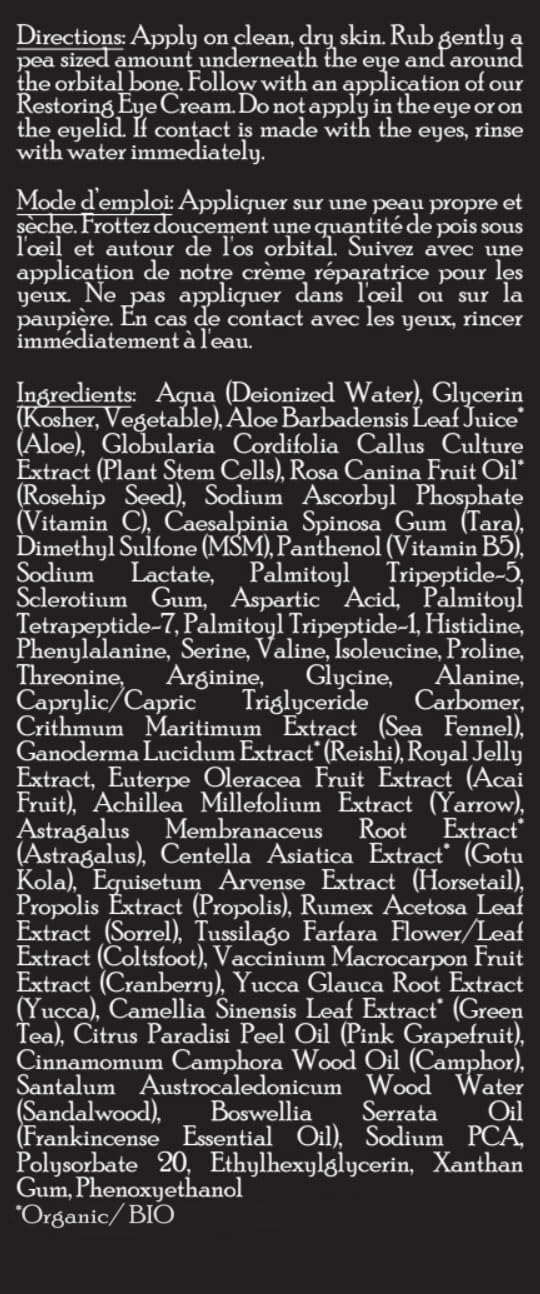 Brickell Men's Dark Circle Eye Serum ingredients label highlighting natural and organic ingredients.