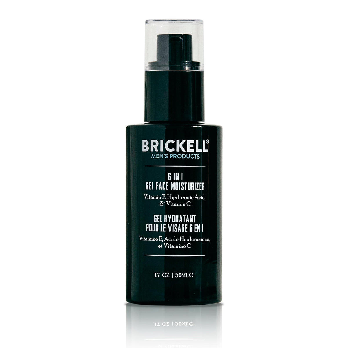 Brickell Men's 6 in 1 gel moisturizer bottle close-up emphasizing hydrating benefits for daily skin care.