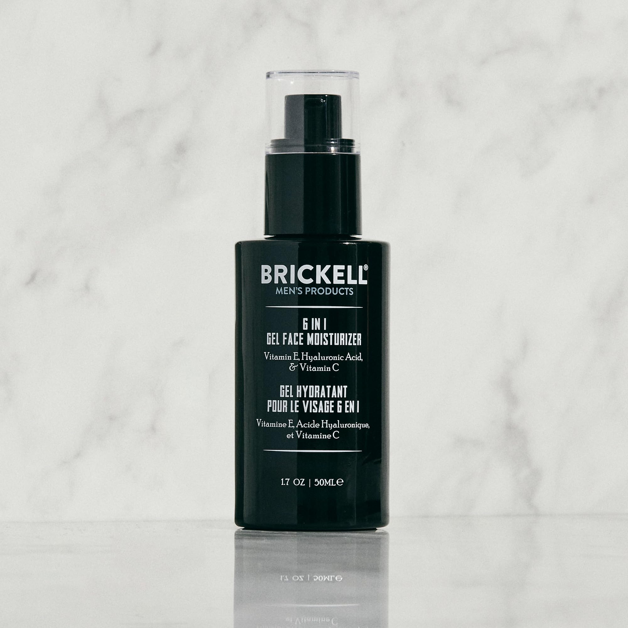 Brickell Men's 6 in 1 gel moisturizer ingredients hyaluronic acid visual highlights moisture boost.
