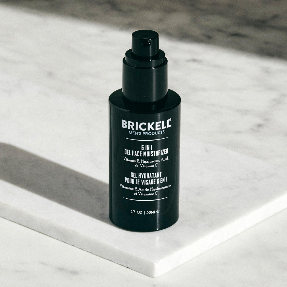 Brickell Men's 6 in 1 gel moisturizer packaging unscented emphasizes clean, everyday use.