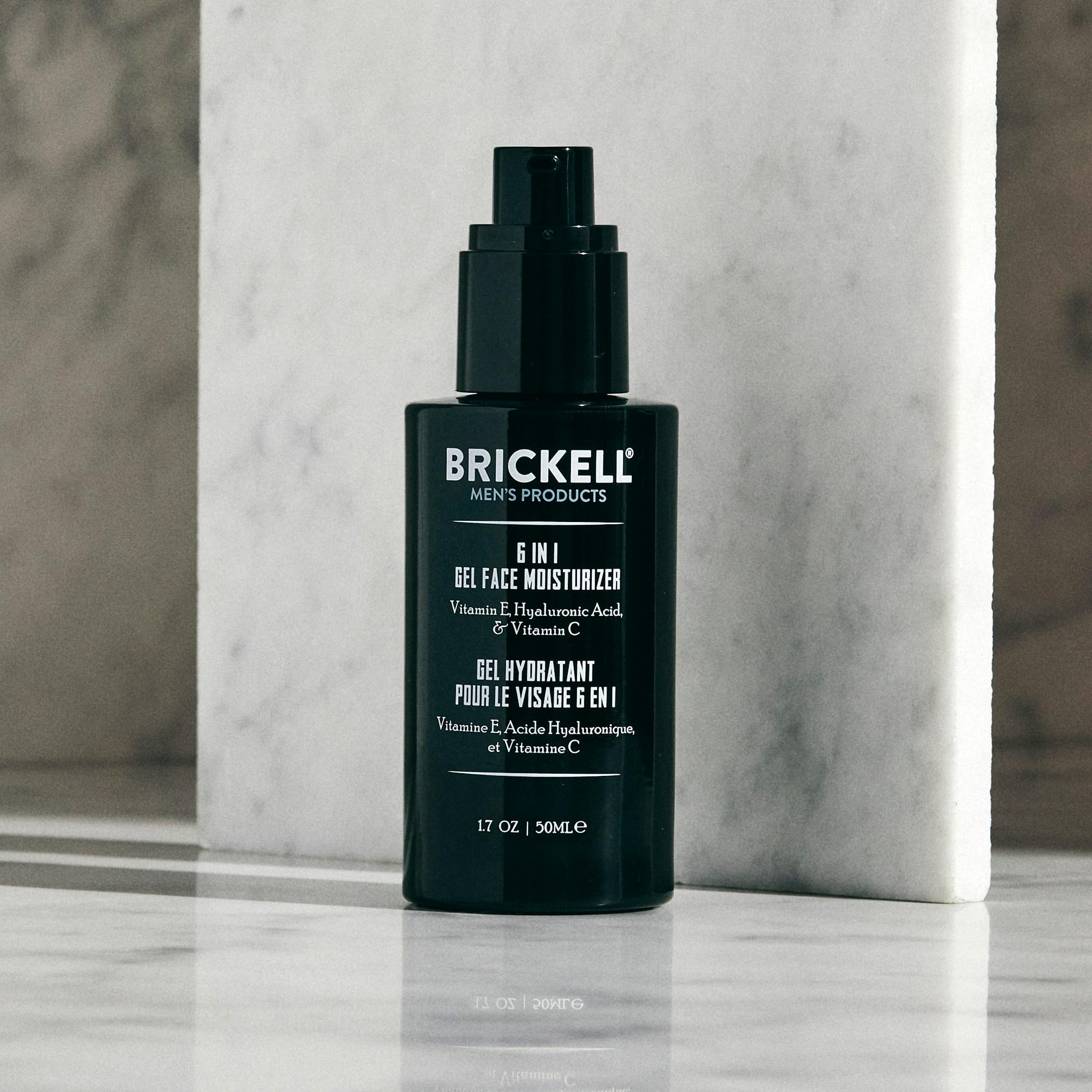 Brickell Men's 6 in 1 gel moisturizer pump application demonstrates quick, light hydration post-shave.