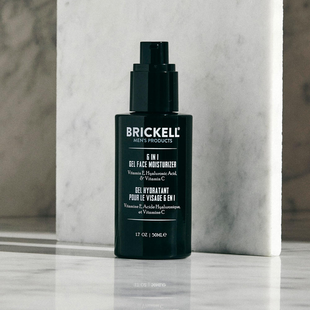 Brickell Men's 6 in 1 gel moisturizer pump application demonstrates quick, light hydration post-shave.