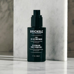 Brickell Men's 6 in 1 gel moisturizer pump application demonstrates quick, light hydration post-shave.