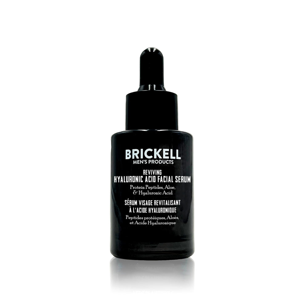 Brickell Men's Anti Aging Serum bottle closeup, unscented formula for sensitive skin.