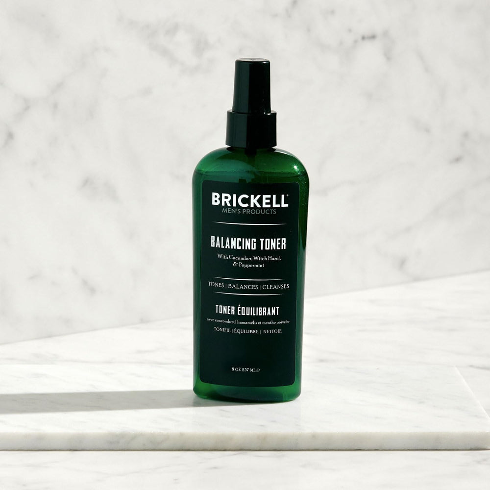 Brickell Men's Balancing Face Toner application dispense demonstrates easy mid-day refresh.