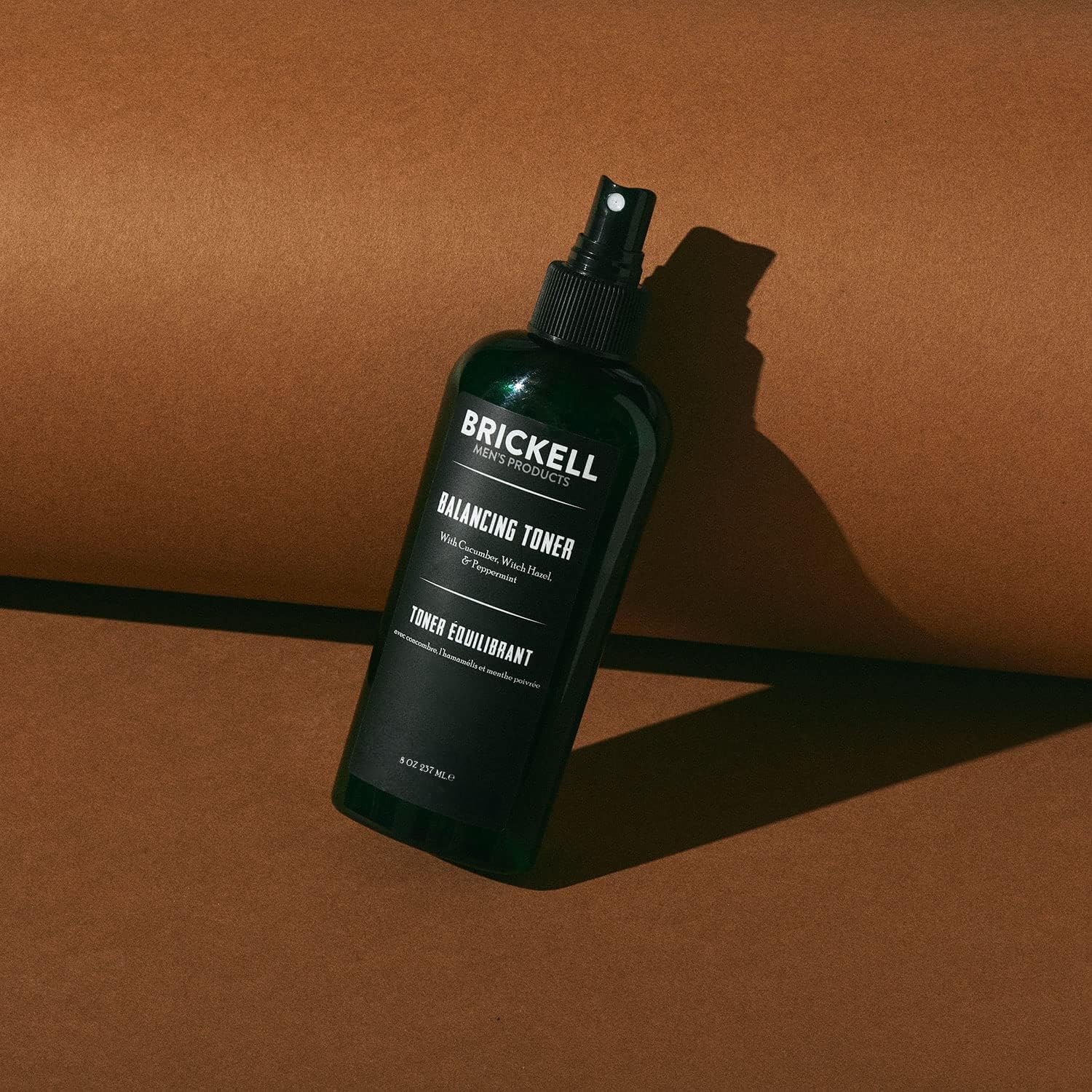 Brickell Men's Balancing Face Toner ingredients label highlights cucumber and witch hazel for soothing skin.