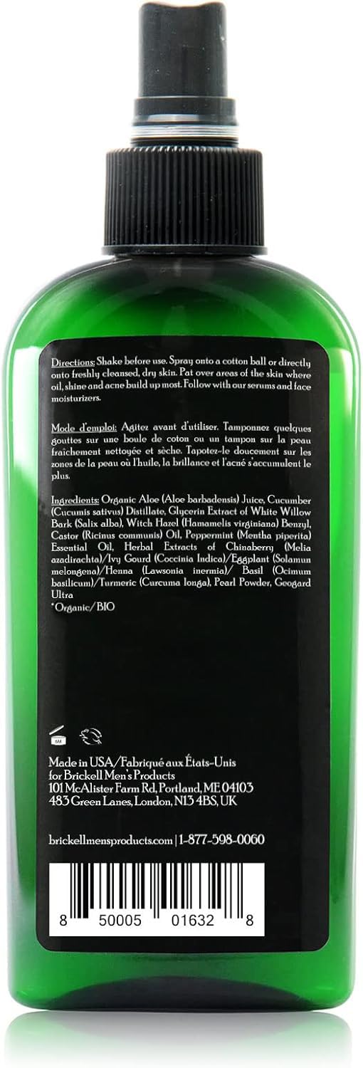 Brickell Men's Balancing Face Toner in mirror shot suggests refreshed skin and reduced shine.