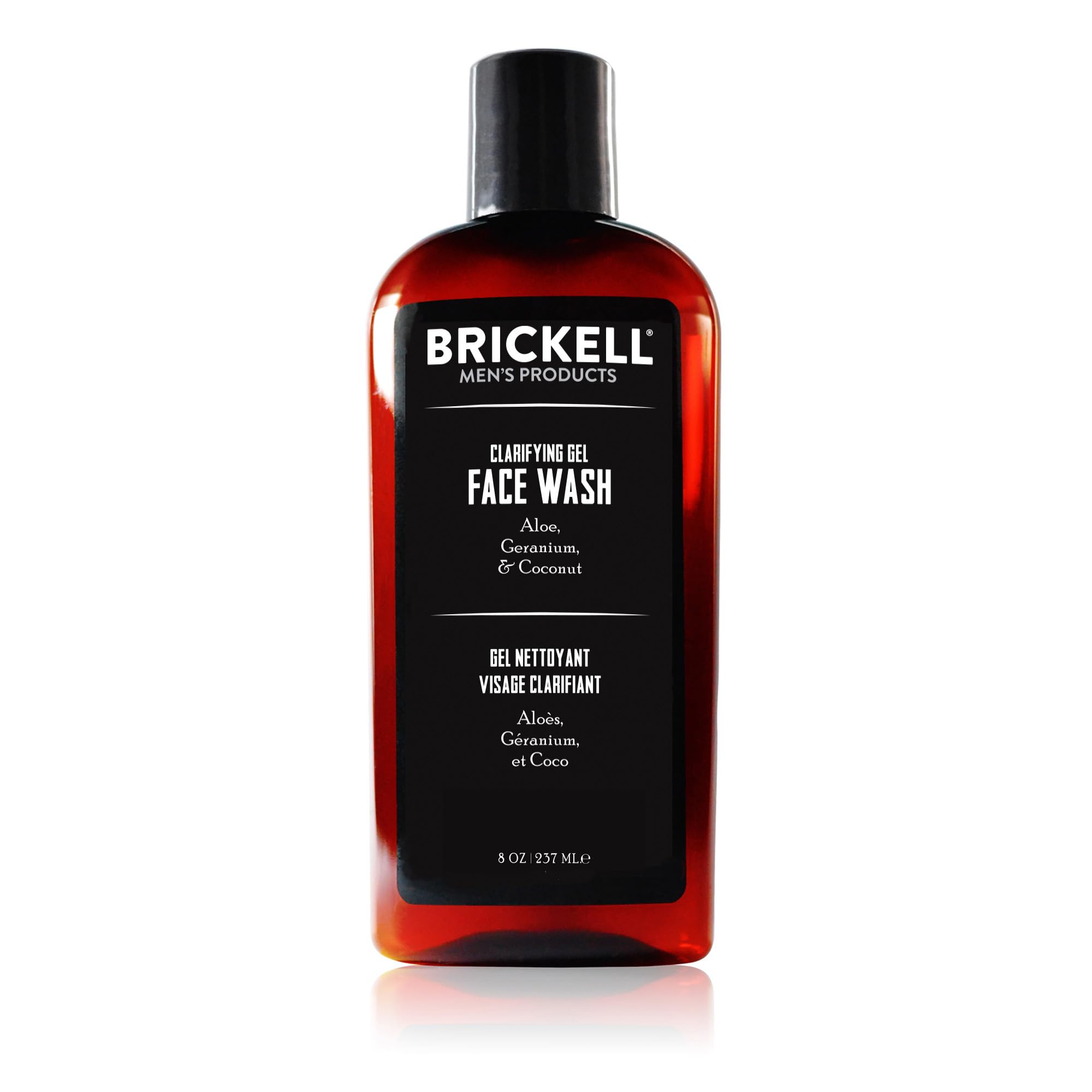 Brickell Men's Clarifying Gel Face Wash bottle closeup highlighting natural ingredients for oil control.