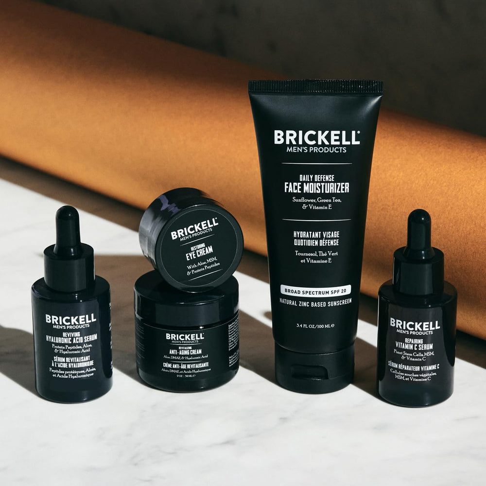 Brickell Men's Complete Defense SPF moisturizer bottle highlights sun protection and hydration.