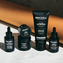 Brickell Men's Complete Defense SPF moisturizer bottle highlights sun protection and hydration.