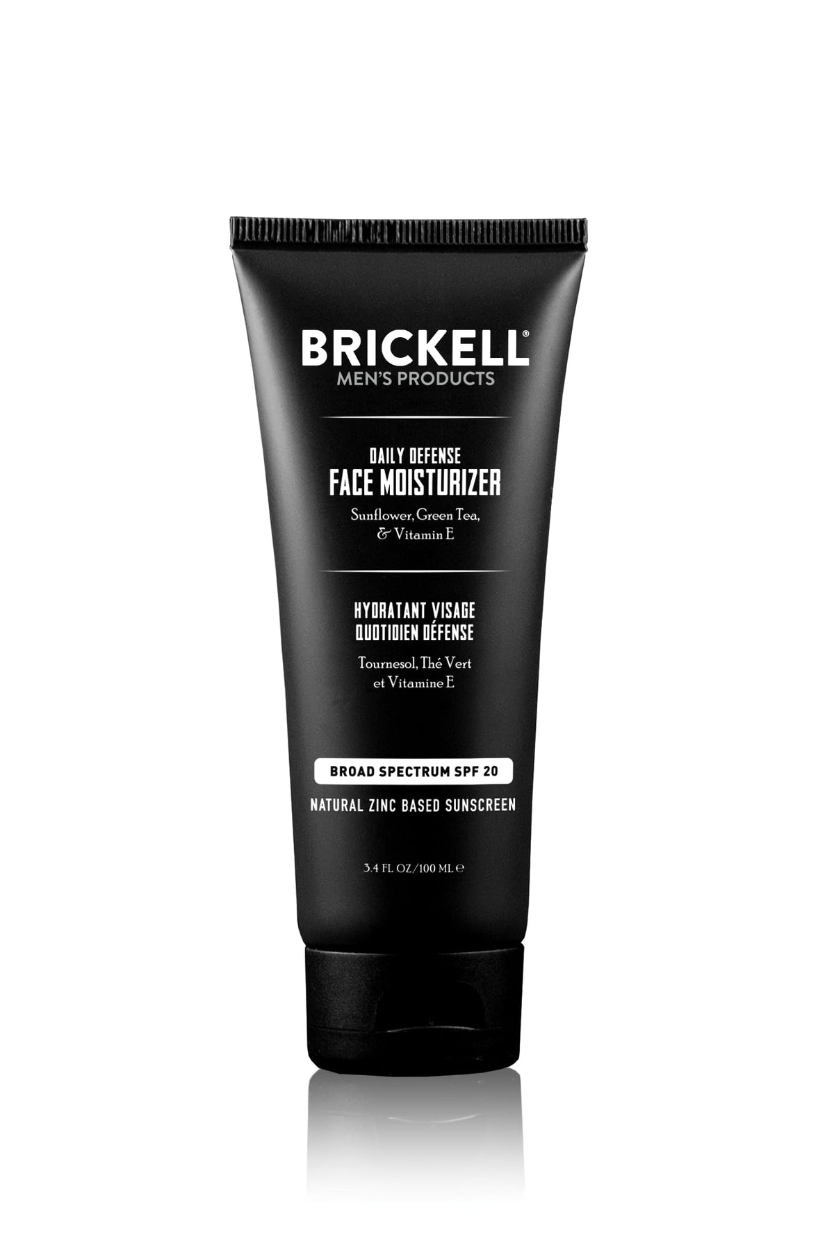 Brickell Men's Daily Defense SPF20 bottle highlighting unscented mineral sunscreen for daily protection.