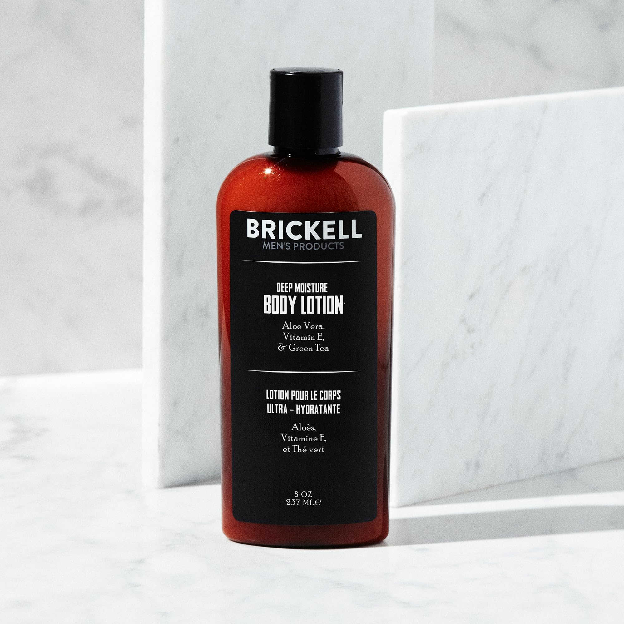 Texture closeup shows fast-absorbing hydration from Brickell lotion.