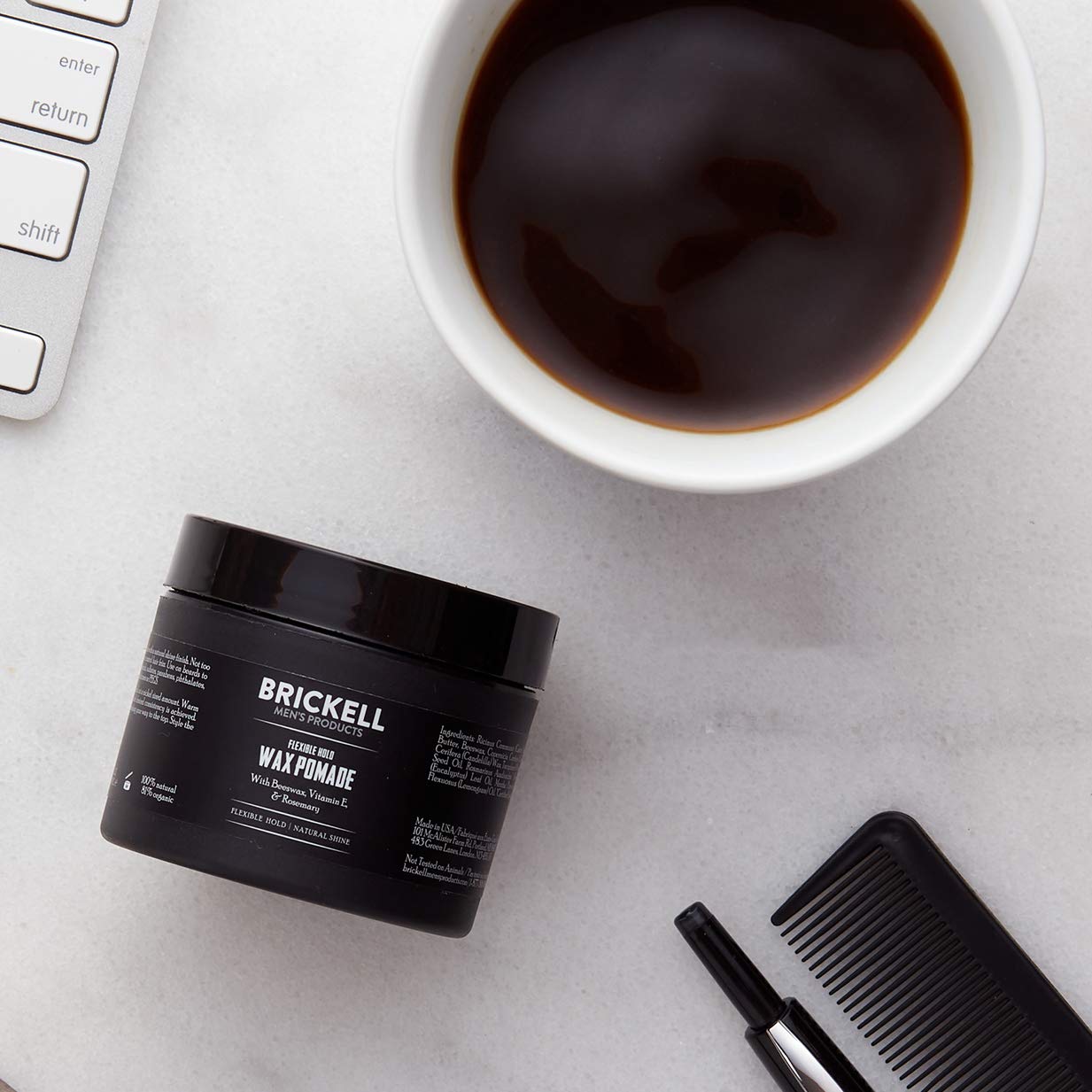 Brickell Men's Pomade applied to hair showing natural finish and controlled shine.