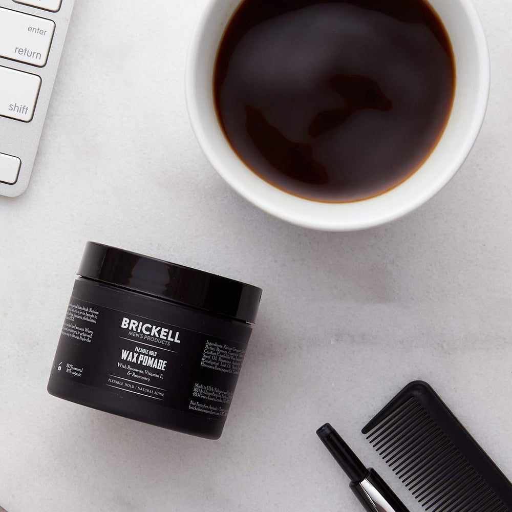 Brickell Men's Pomade applied to hair showing natural finish and controlled shine.