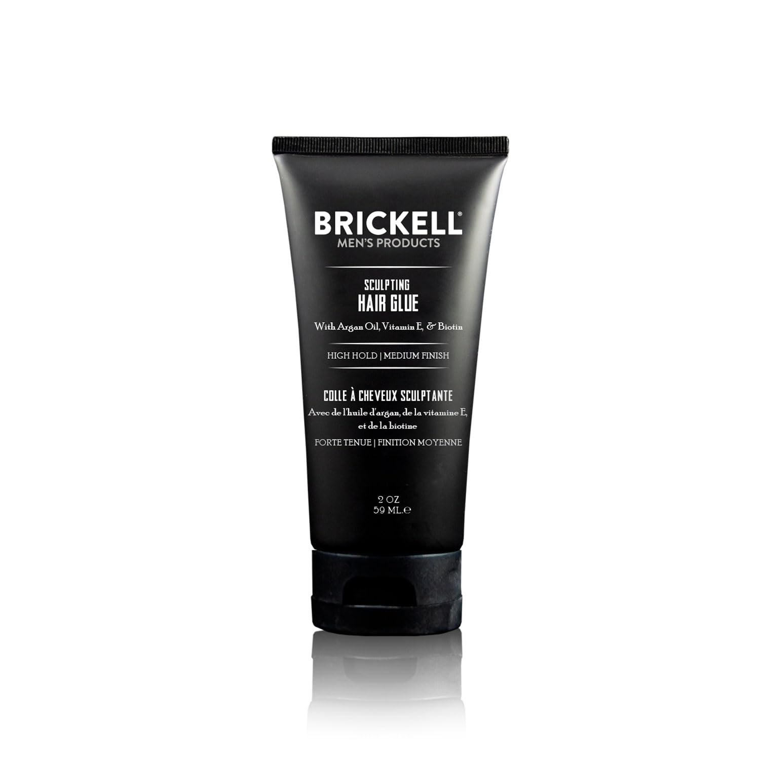 Brickell Men's Hair Glue bottle shows all-day hold for sculpted style.