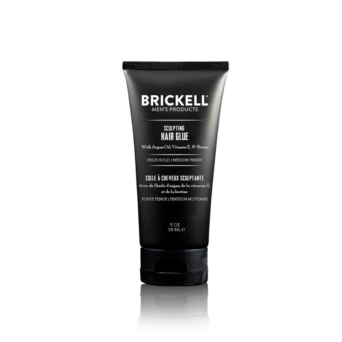 Brickell Men's Hair Glue bottle shows all-day hold for sculpted style.