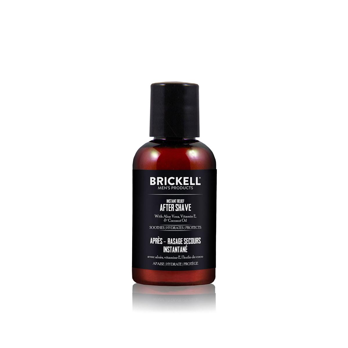 Brickell Men's Instant Relief aftershave balm bottle on bathroom counter for post-shave hydration.