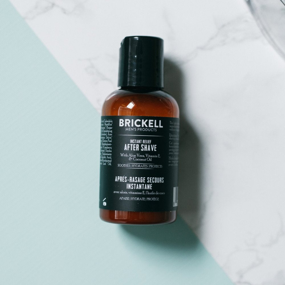 Brickell travel-size balm ideal for on-the-go post-shave care.