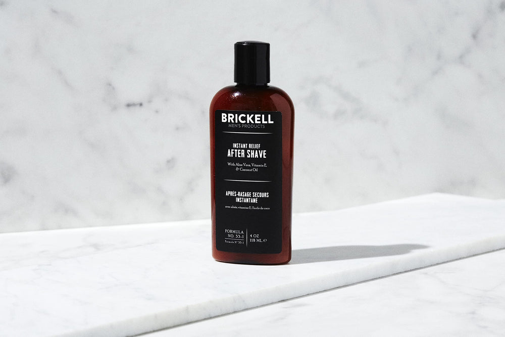 Brickell Men's Instant Relief aftershave bottle—fast-absorbing relief after shaving.