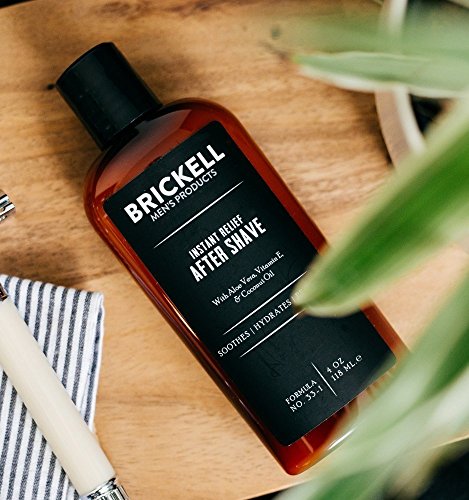 Brickell Men's Instant Relief aftershave ingredients—aloe, lavender, vitamin E for hydration.