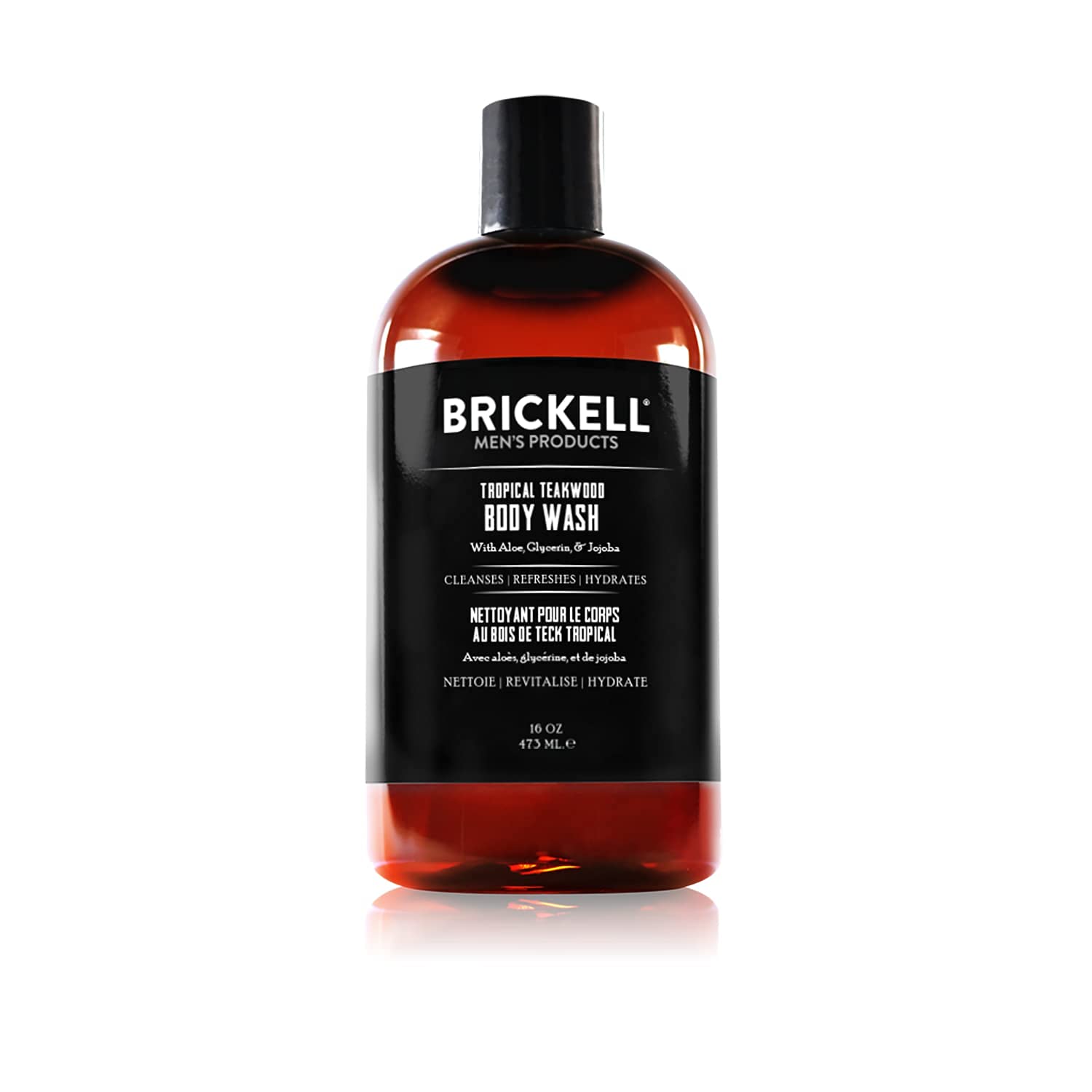 Brickell Men's Invigorating Body Wash bottle showcases tropical teakwood scent for refreshing cleanse.