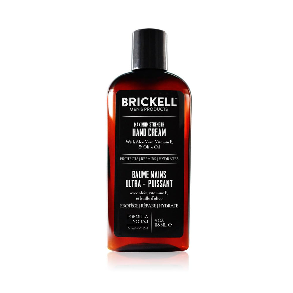 Brickell Men's Maximum Strength Hand Cream packaging highlights natural formulas for daily hydration
