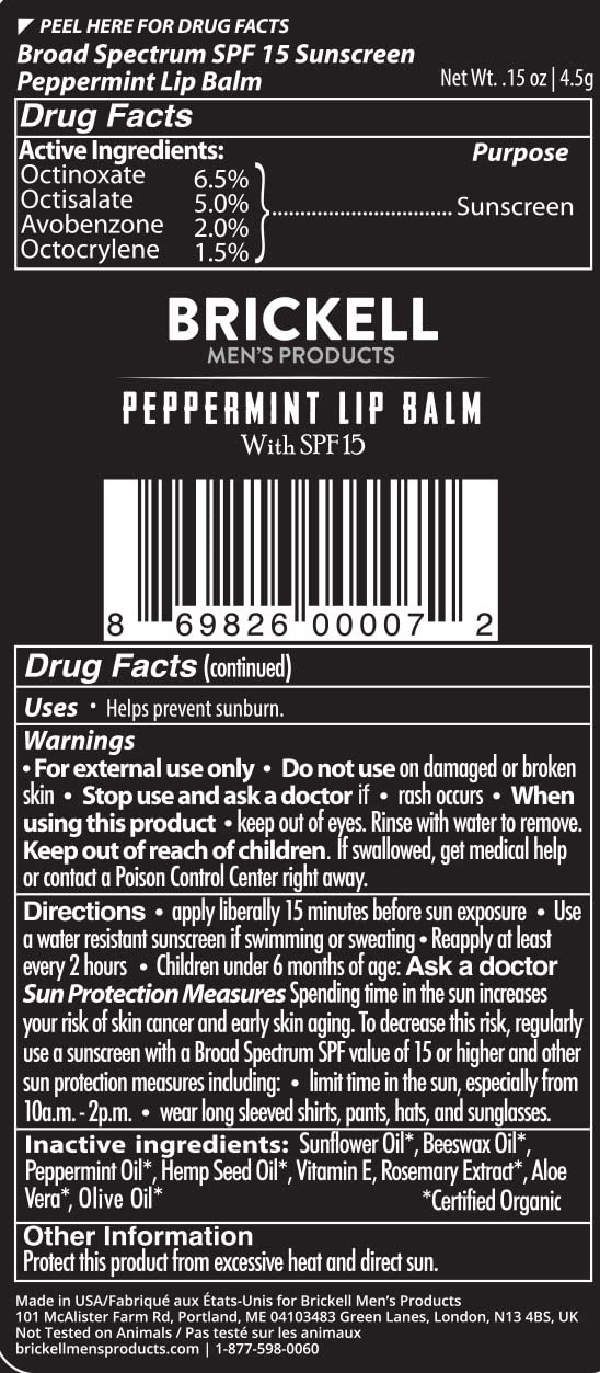 Brickell Men's No Shine Lip Balm SPF 15 on lips offers sun protection.