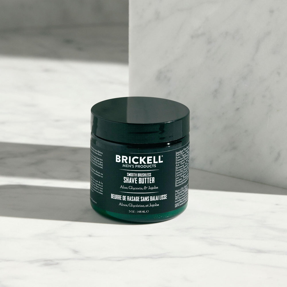 Brickell shave butter ingredients including aloe vera and coconut oil for hydration.