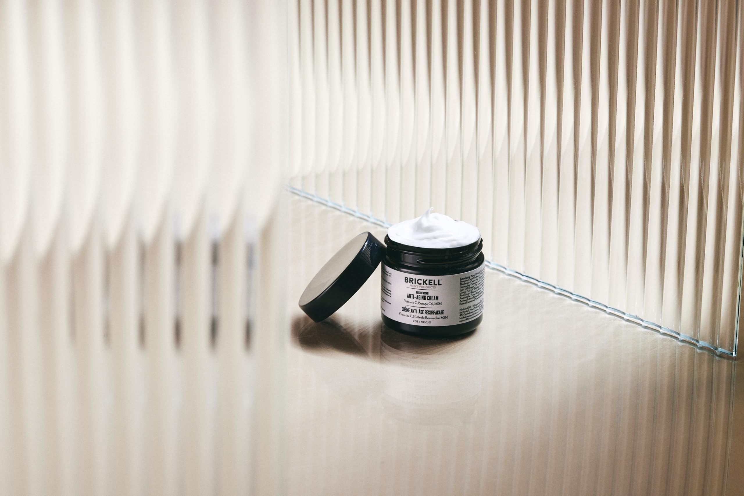 Brickell natural ingredients label featuring borage oil and aloe for nourishment.