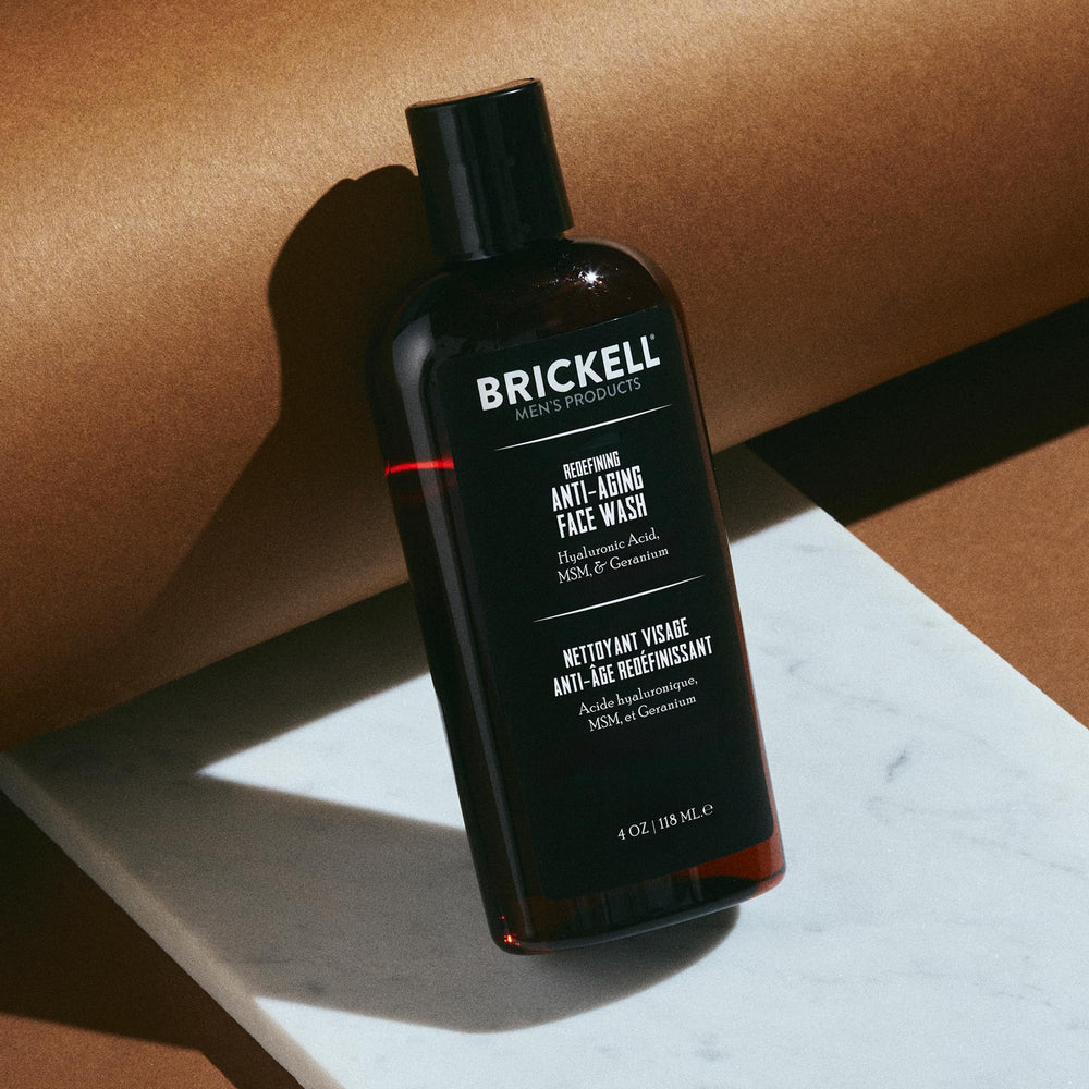 Brickell Men's Redefining Anti-Aging Face Wash foam lather for a refreshed cleanse and clean pores.