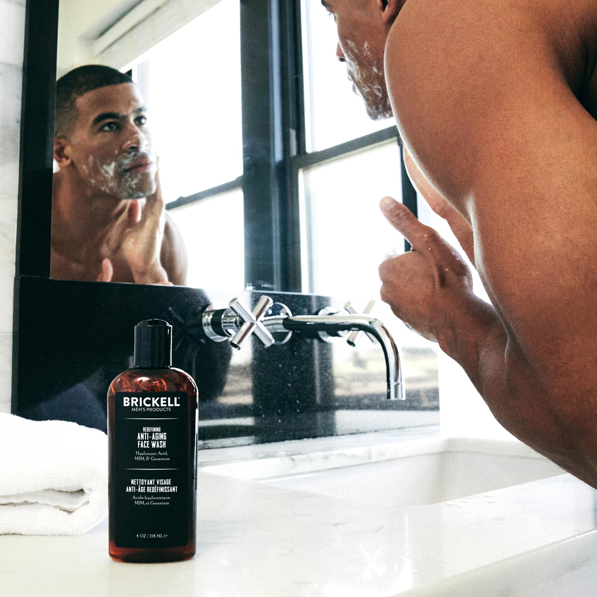 Brickell Men's Redefining Face Wash with hyaluronic acid supports hydration during cleansing.
