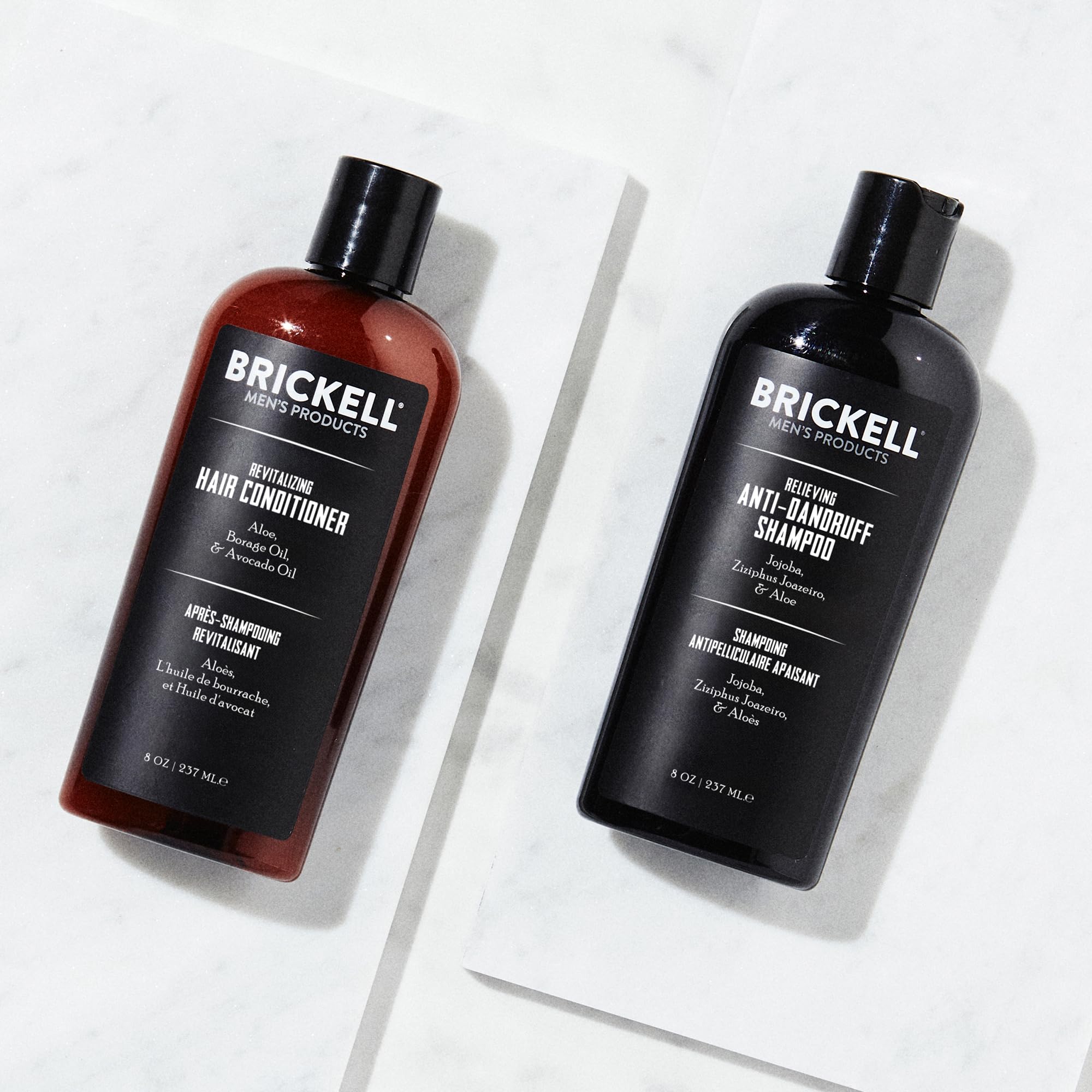 Brickell Men's Relieving Conditioner ingredients closeup featuring aloe and vitamin E.