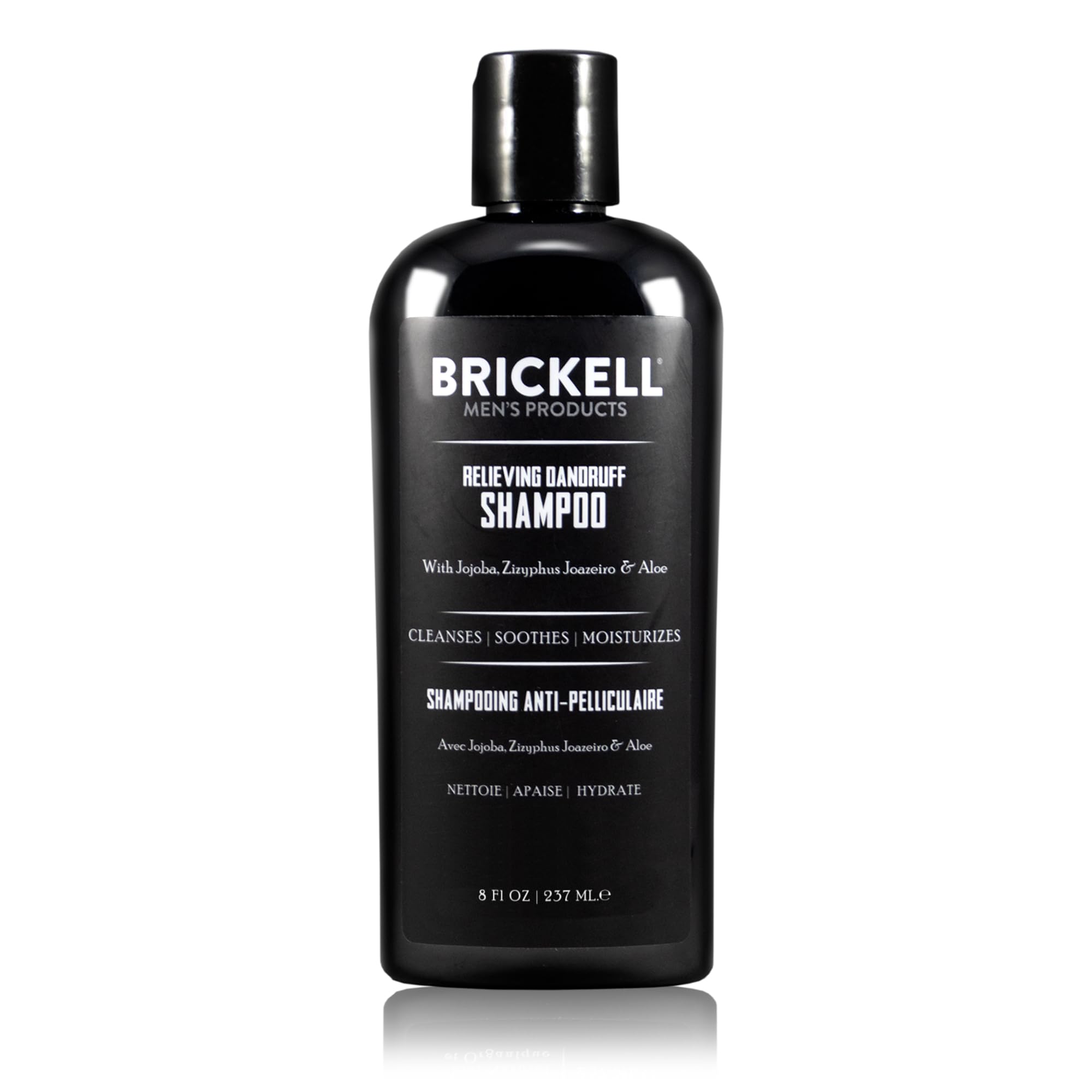 Brickell Men's Relieving Dandruff Shampoo hero bottle shows a natural formula for calm, flake-free scalp.
