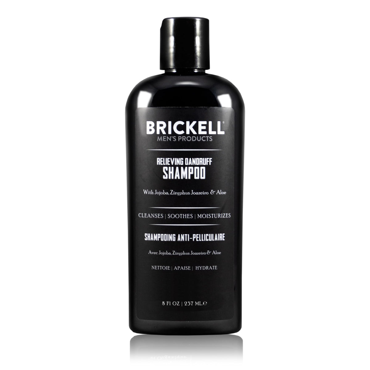 Brickell Men's Relieving Dandruff Shampoo hero bottle shows a natural formula for calm, flake-free scalp.